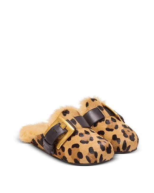 Balmain Metallic Anthem Leopard Print Ponyskin Leather And Faux Fur Mules