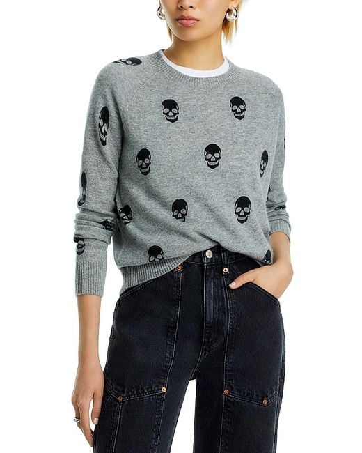 Aqua Gray 100% Cashmere Skull Print Crewneck Sweater