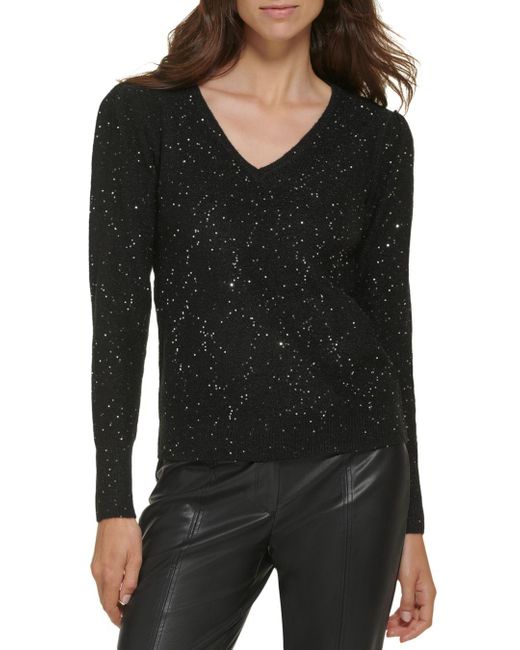 Karl Lagerfeld Puff Sleeve Sequin Sweater in Black | Lyst