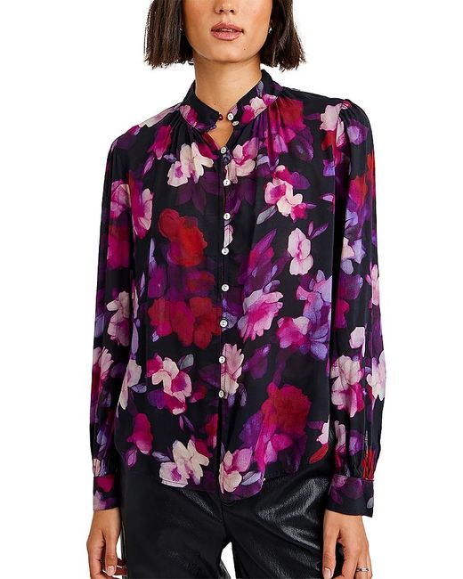 Bella Dahl Purple Shirred Mandarin Collar Blouse