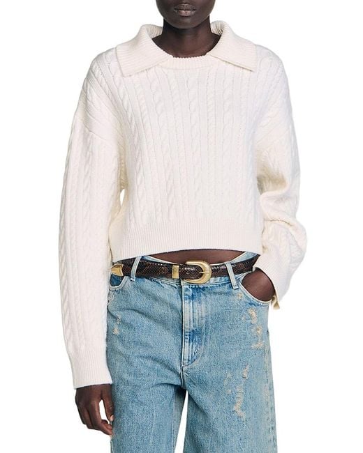 Sandro White Cable Knit Wool Sweater