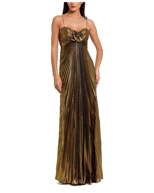 Mac Duggal Brown Thin Strap Pleated Metallic Gown With 3D Flower