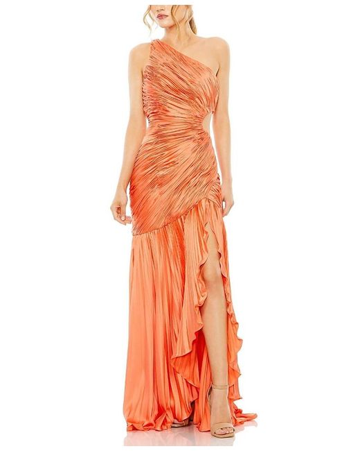 Mac Duggal Orange Side Cut-Out One-Shoulder Pleated Gown