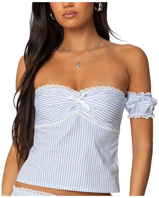 Edikted Blue Taryn Off Shoulder Striped Top