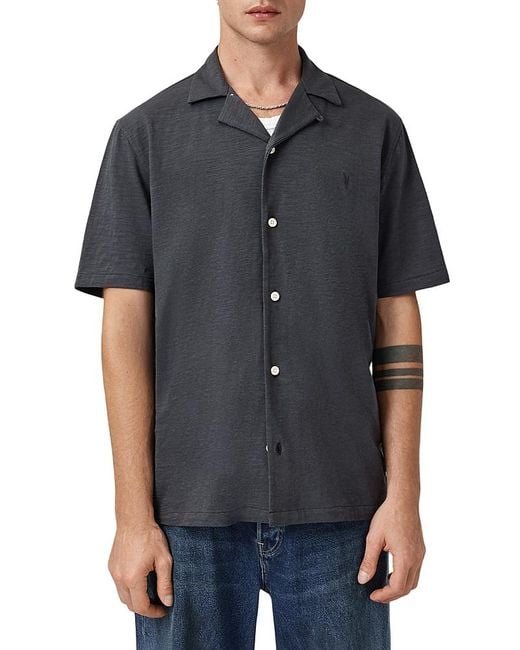 AllSaints Black Robson Relaxed Fit Short Sleeve Camp Shirt for men