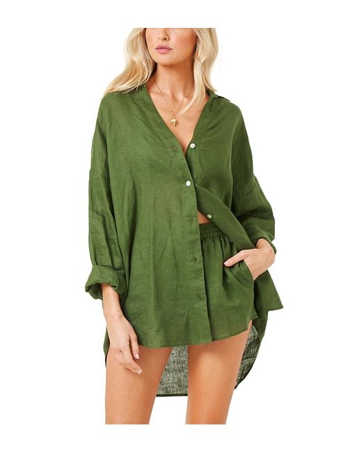 L*Space Green L*Space Rio Button Front Linen Cover Up Tunic