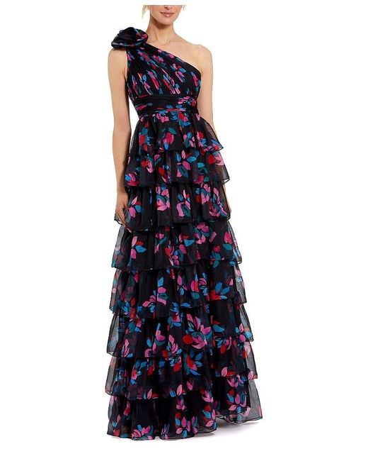 Mac Duggal Blue One Shoulder Printed Chiffon Tiered Ruffle Gown