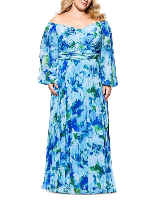 Xscape Blue Pleated Chiffon Gown