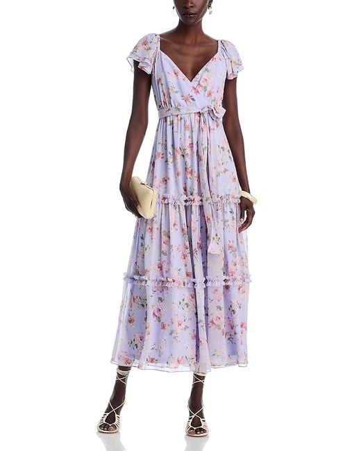 Aqua Purple Floral Flutter Sleeve Maxi Dress