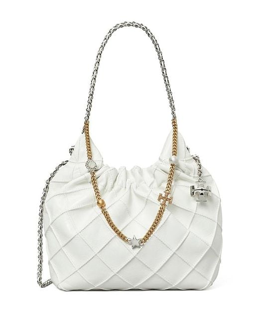 Tory Burch White Mini Fleming Distressed Hobo Bag