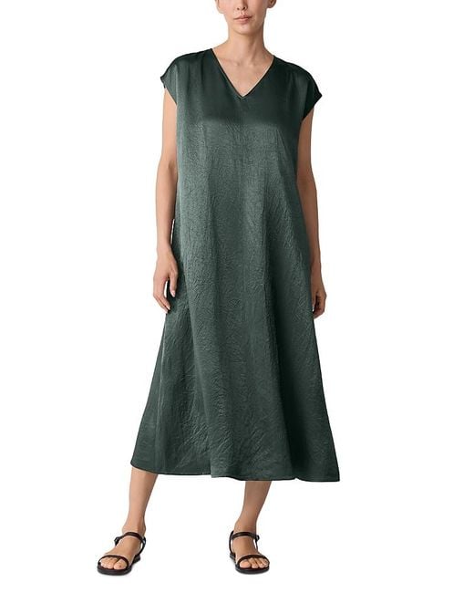 Eileen Fisher Green Satin V Neck Cap Sleeve Midi Dress