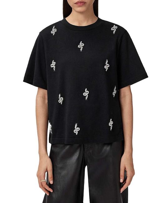 AllSaints Rhea Lisa Embellished Cotton Graphic T-Shirt in Black | Lyst