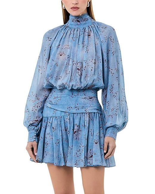 Nicholas Blue Cecile Long Sleeved High Neck Godets Mini Dress