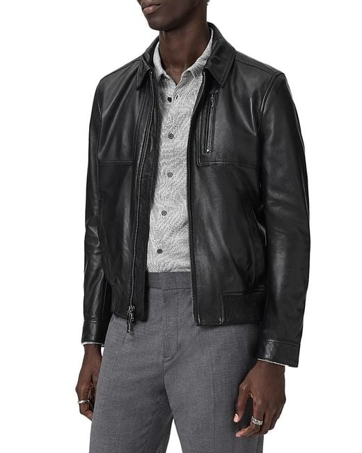 John Varvatos Black Collared Leather Jacket for men