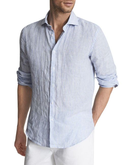 Reiss Ruban Linen Stripe Regular Fit Button Down Shirt in Blue Stripe ...