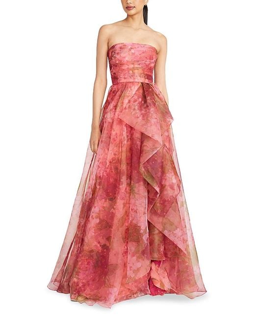 THEIA Red Fahreta Floral Strapless Gown