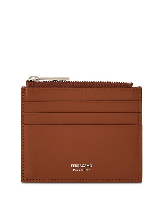 Ferragamo Brown Florence Leather Zipper Card Holder for men