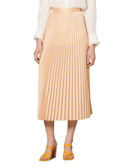Sandro Synthetic Flora Pleated Midi Skirt in Yellow Lyst UK