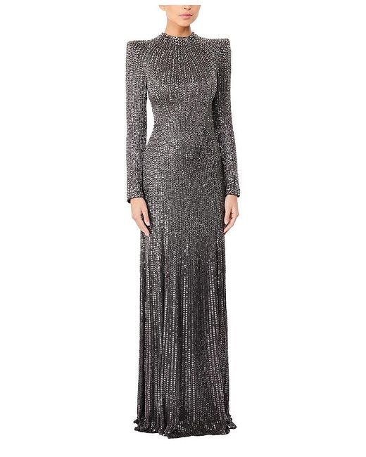 Jenny Packham Gray Rory Embellished Mock-Neck Maxi Dress