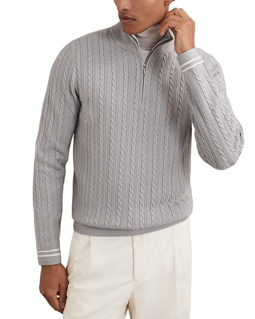 Reiss Gray Tuscano Quarter Zip Cable Knit Sweater for men