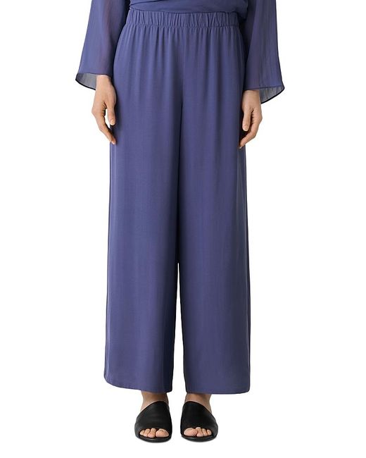 Eileen Fisher Blue Silk Georgette Crepe Wide Leg Pull On Ankle Pants