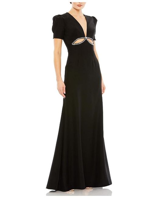 Mac Duggal Black Puff Sleeve Embellished Cutout Evening Gown