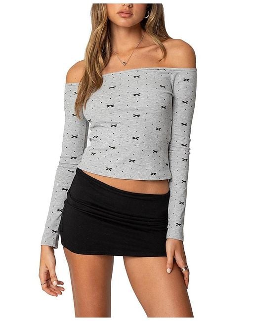 Edikted Gray Ryna Bows & Dots Off Shoulder Top