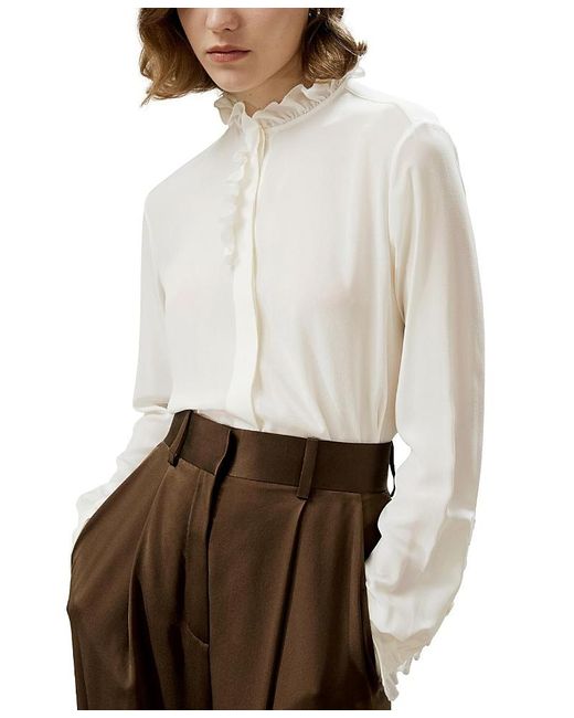 LILYSILK White Crepe De Chine Blouse With Ruffle Edge