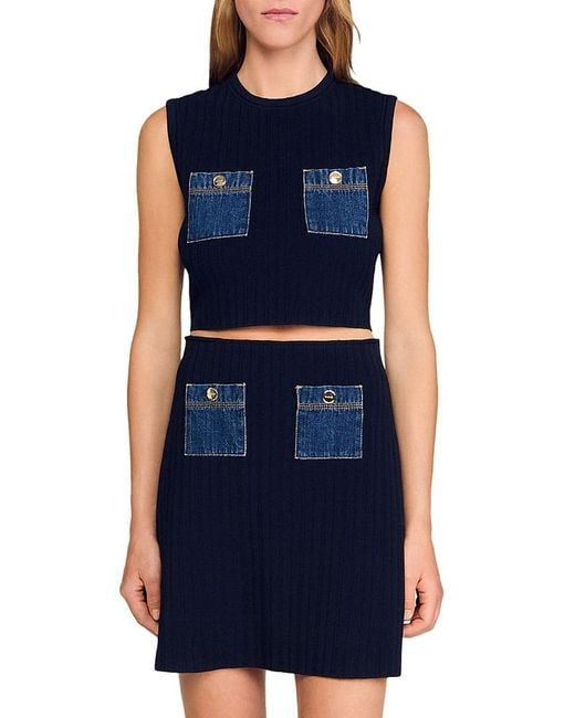 Sandro Blue Knit And Denim Top