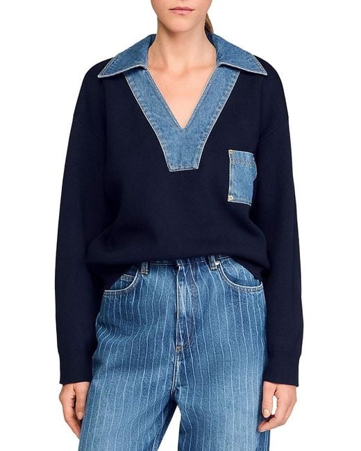 Sandro Blue Sweater With Denim Details