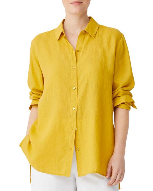 Eileen Fisher Petites Classic Collar Linen Shirt in Yellow Lyst