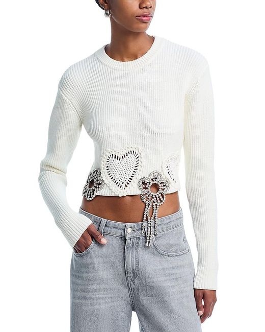 Area White Crystal Crocheted Flower Cropped Sweater