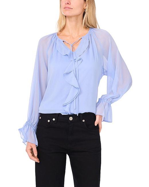 Vince Camuto Blue Ruffled Front Long Sleeve Blouse