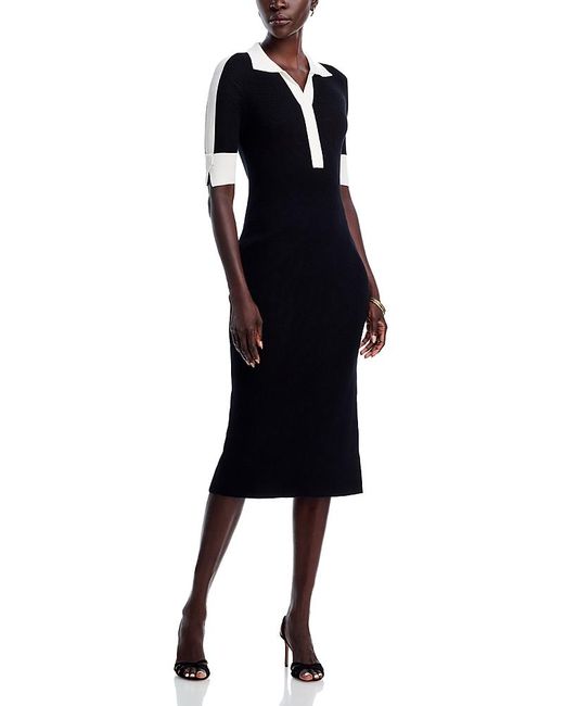 Tahari Black Elbow Sleeve Split V Neck Collar Rib Dress With Contrast Trim