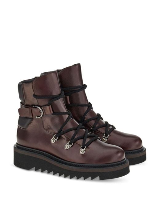 Ferragamo Leather Lace Up Platform Ankle Boots in Brown | Lyst