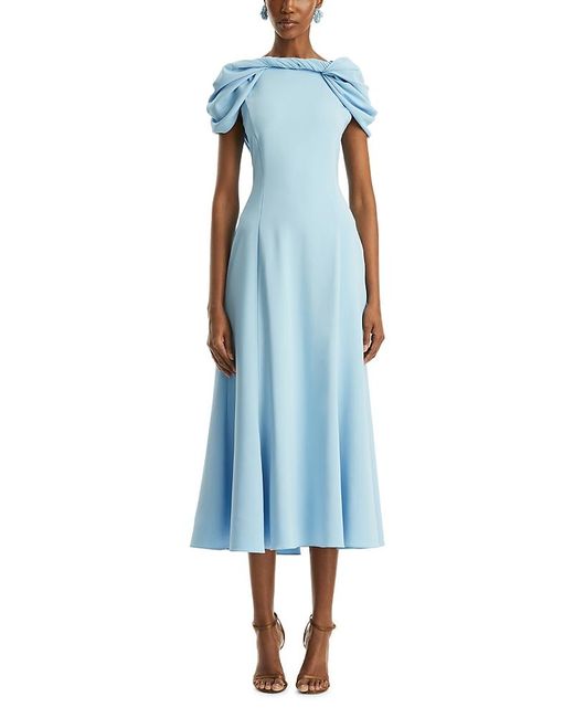 Oscar de la Renta Blue Cap Sleeve Twist Neck Draped Cocktail Dress