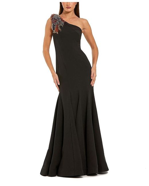 Mac Duggal Black Crepe One Shoulder Mermaid Gown With Beading