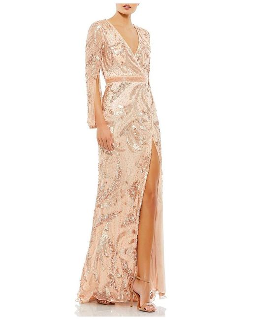 Mac Duggal Natural Sequined Faux Wrap Split Long Sleeve Gown
