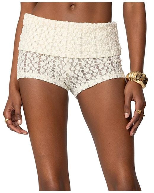 Edikted White Rye Sheer Textured Fold Over Shorts