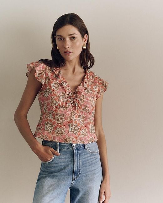 PAIGE Blue Farrow Printed Ruffled Top