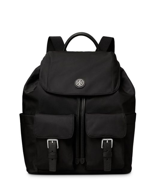 Tory Burch Leather Virginia Drawstring Flap Backpack in Black/Silver