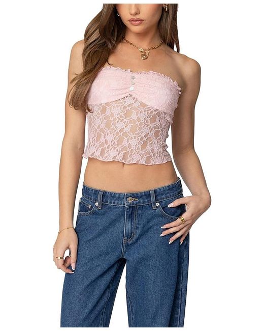Edikted Blue Odilia Sheer Lace Strapless Top