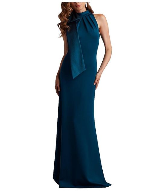 Tadashi Shoji Blue Sims Taffeta Shoulder Bow Halter Gown