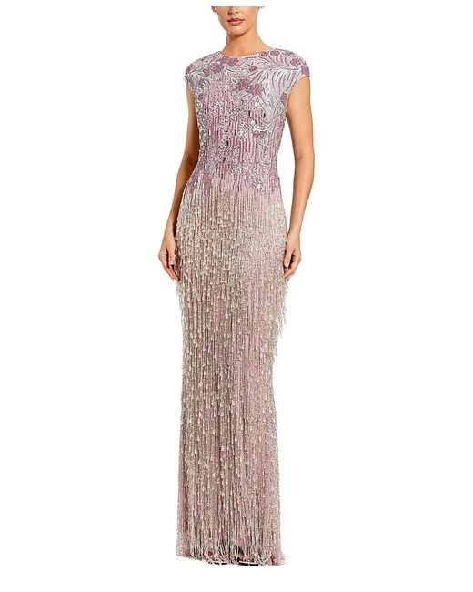 Mac Duggal Multicolor Short Sleeve Mesh Gown With Fringe Beading