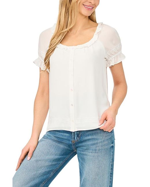 Cece White Ruffle Trim Button Front Blouse