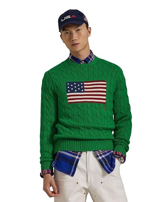Polo Ralph Lauren Green Cable Knit Flag Sweater for men