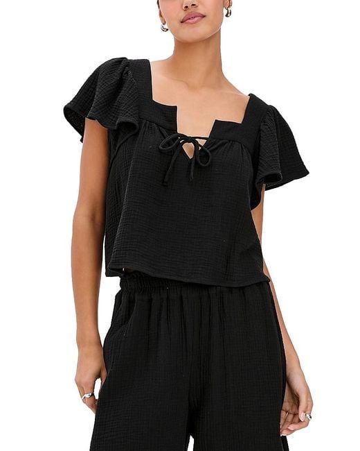 Rails Black Casie Split Neck Flutter Sleeve Top