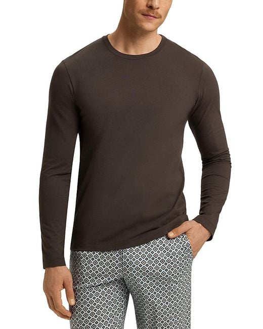 Hanro Black Cotton Solid Long Sleeve Pajama Tee for men