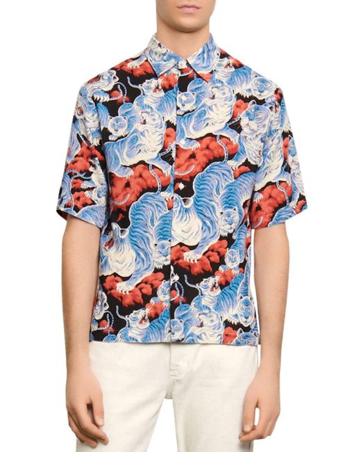 Sandro Wool Tiger Print Shirt in Blue 
