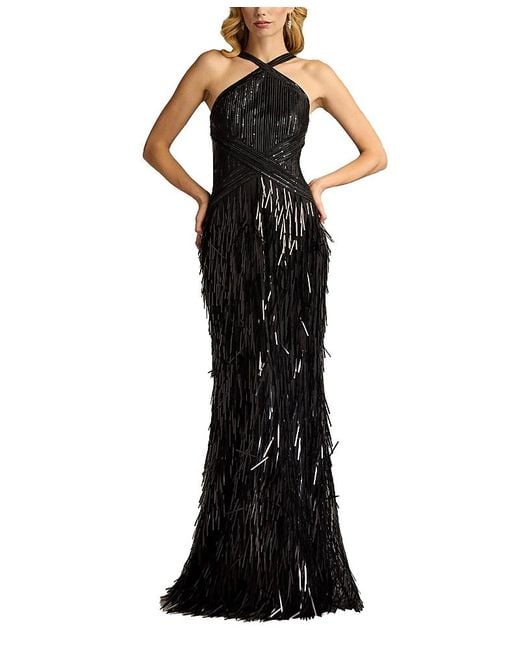 Tadashi Shoji Black Ares Sequin Fringe Halter Gown